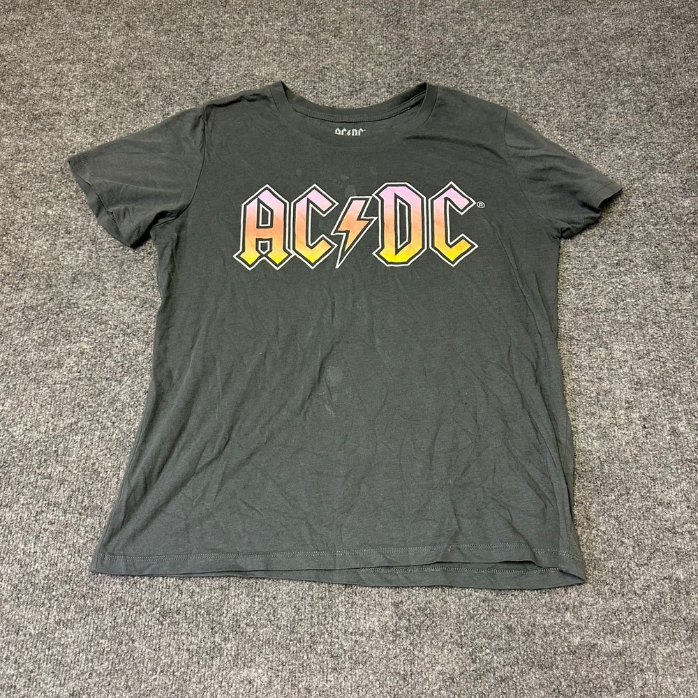 AC/DC T-Shirt Womens Size L Charcoal Grey Gradient Graphic Logo Band Tee Good